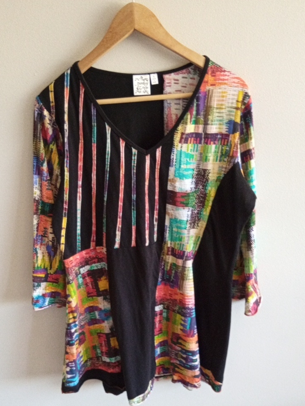 Parsley & Sage Black V‑Neck Tunic with Multicolor Stripe Patchwork Size Large